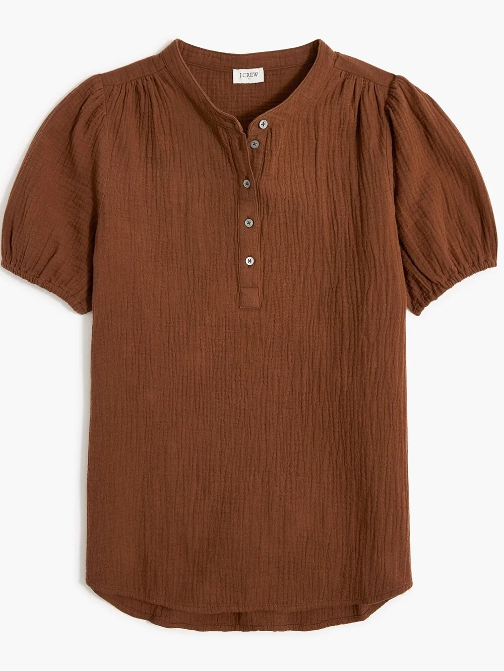 J.Crew Brown Cotton Gauze Puff Short Sleeve Henley Blouse Top Size L